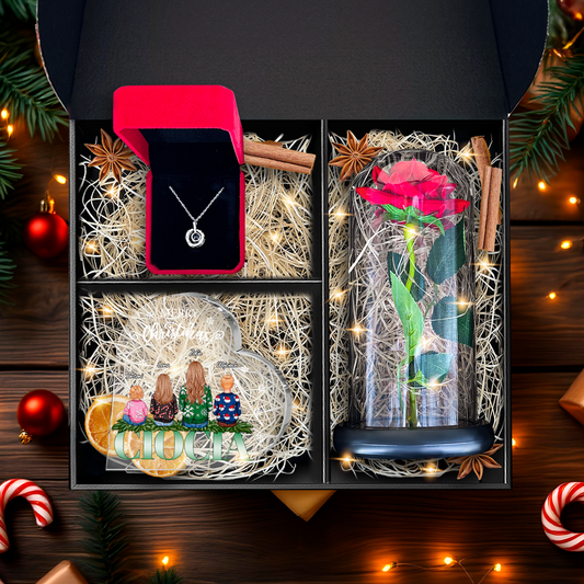 Druk na szkle CIOCIA + wieczna róża + wisiorek - zestaw prezentowy 3 w 1, spersonalizowany prezent dla cioci
