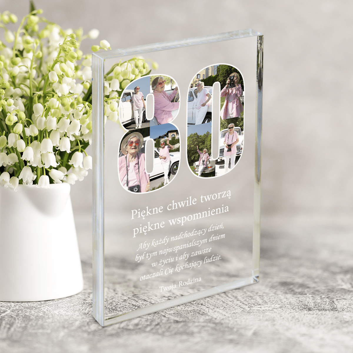 Serdeczne życzenia na 80. - Druk na szkle, spersonalizowany prezent dla babci - Adamell.pl