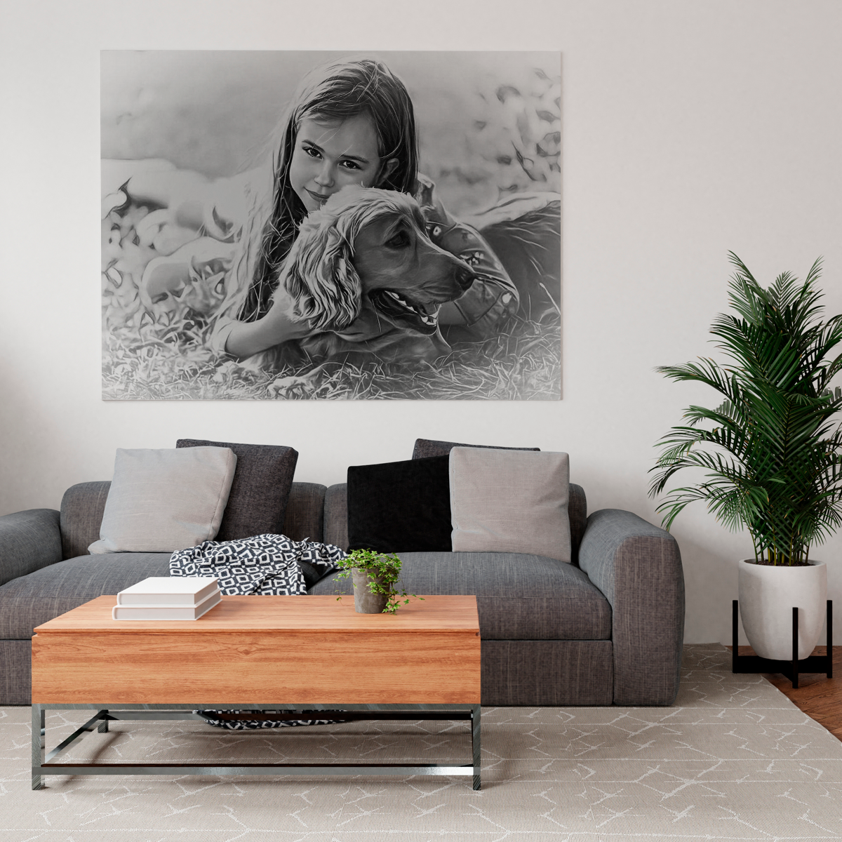 Czarno-biały sketch portret z pupilem - obraz na płótnie, spersonalizowany prezent