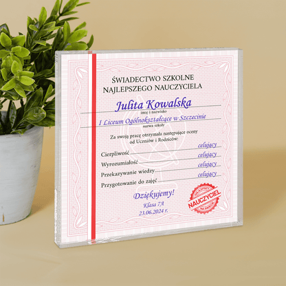 Świadectwo szkolne - Druk na kwadratowym szkle, spersonalizowany prezent dla nauczyciela - Adamell.pl