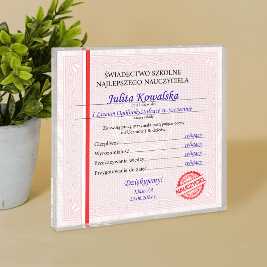 Świadectwo szkolne - Druk na kwadratowym szkle, spersonalizowany prezent dla nauczyciela - Adamell.pl
