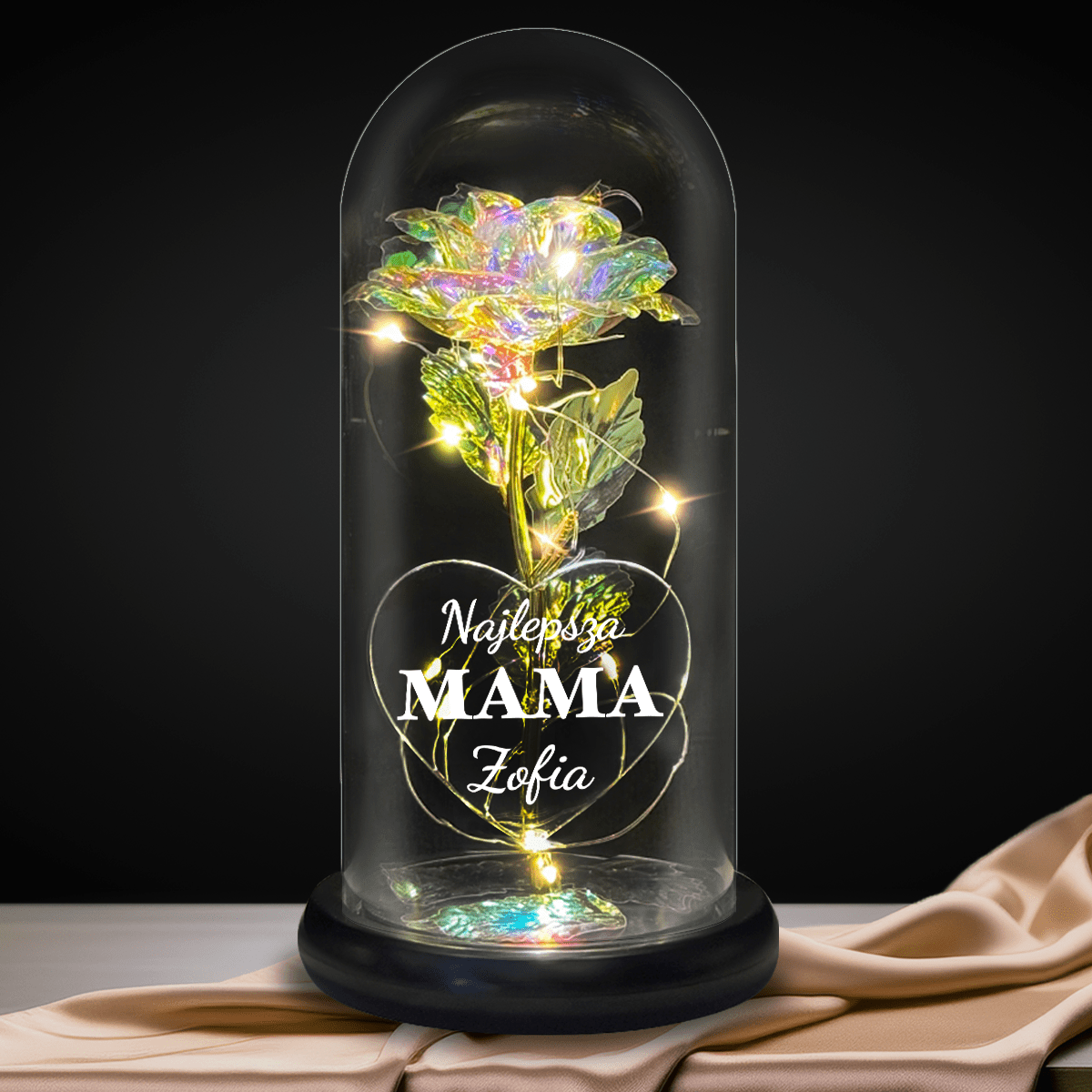 Świecąca róża wieczna LED w szkle + spersonalizowane serce NAJLEPSZA MAMA + IMIĘ - Adamell.pl
