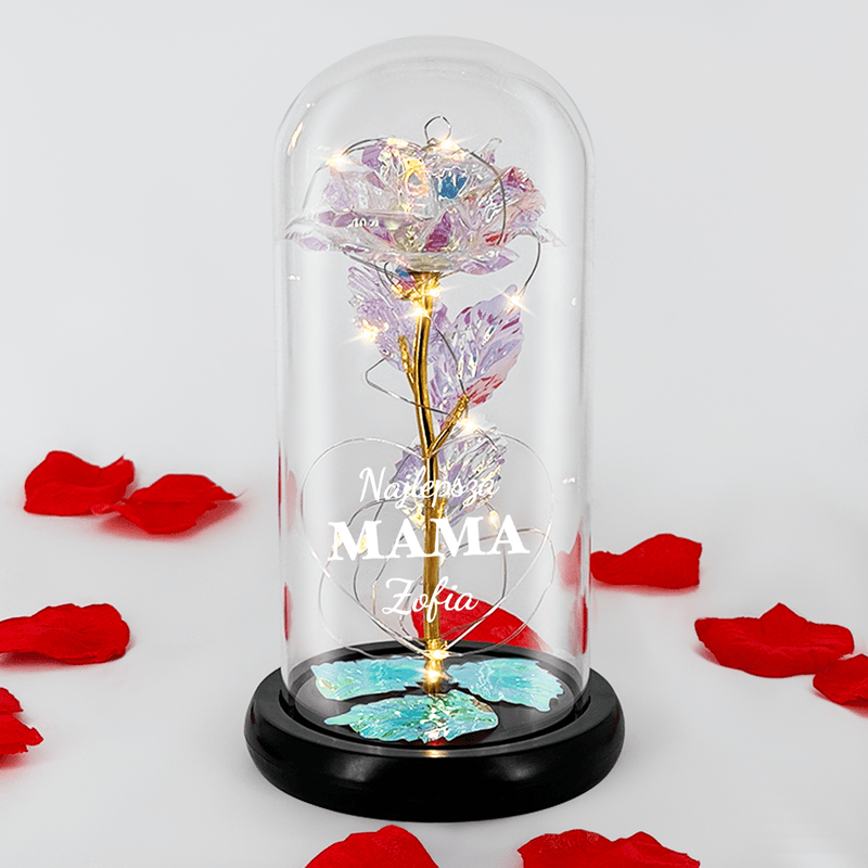 Świecąca róża wieczna LED w szkle + spersonalizowane serce NAJLEPSZA MAMA + IMIĘ - Adamell.pl