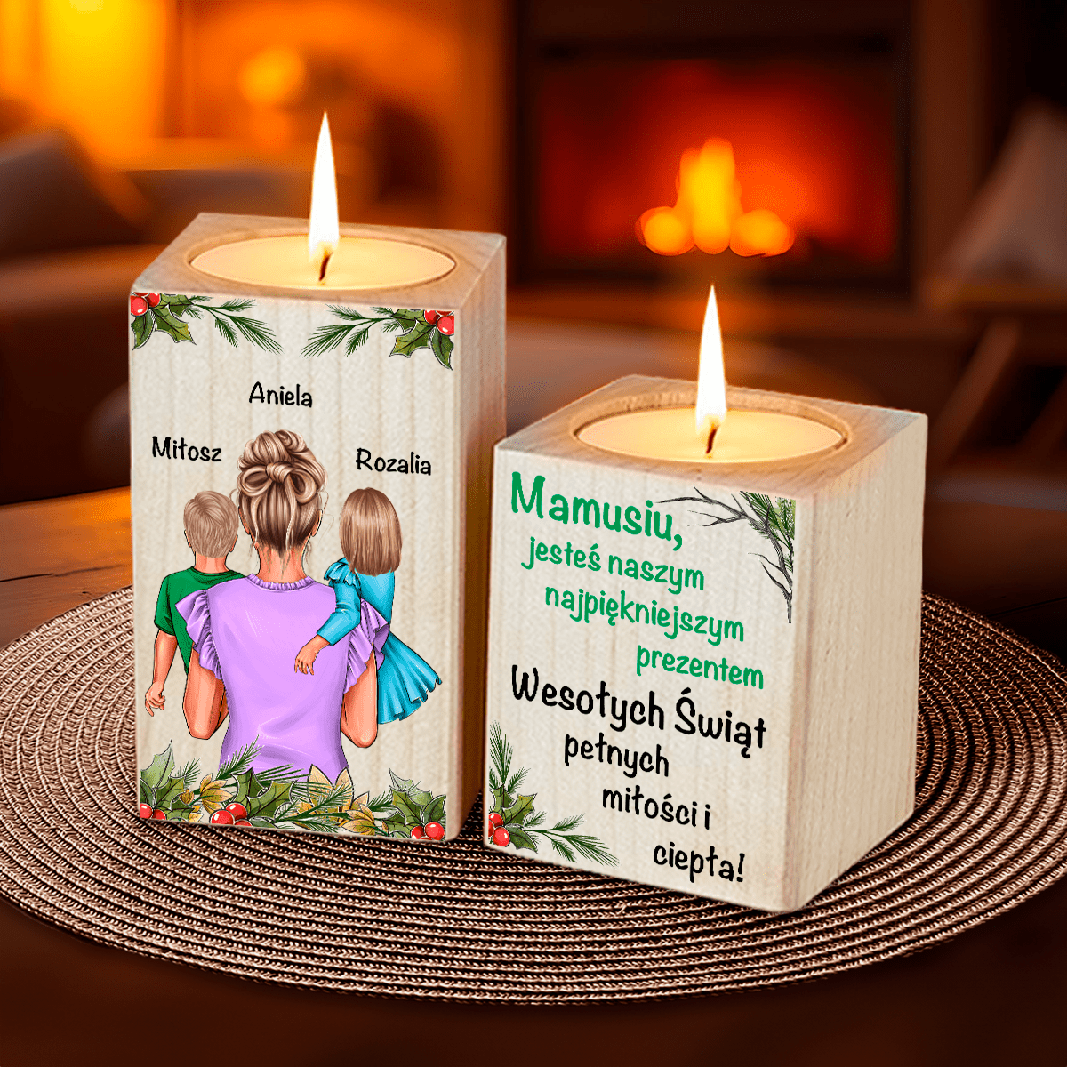 Święta z mamą Clipart - 2 x Drewniany świecznik, spersonalizowany prezent dla mamy - Adamell.pl