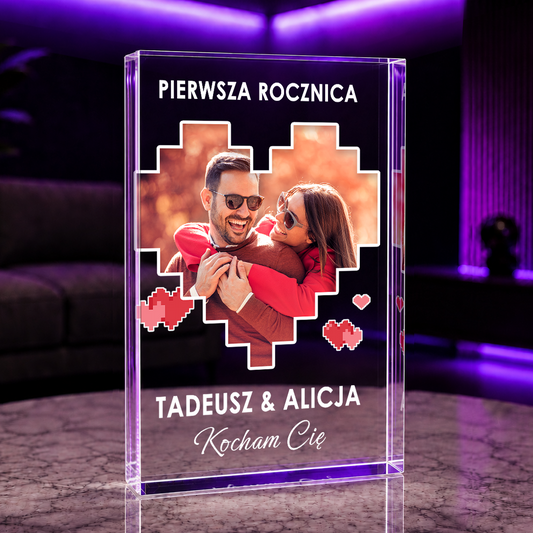 1 rocznica + zdjęcie w stylu Tetris - Druk na szkle, spersonalizowany prezent dla pary