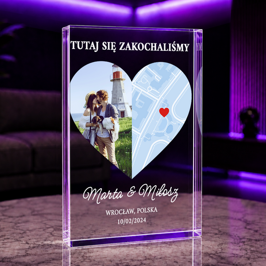 Tutaj się zakochaliśmy - Druk na szkle, spersonalizowany prezent dla pary
