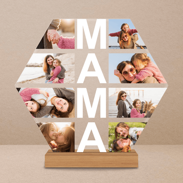 Sześciokąt kolaż 8 zdjęć MAMA - Druk na szkle, spersonalizowany prezent dla mamy - Adamell.pl
