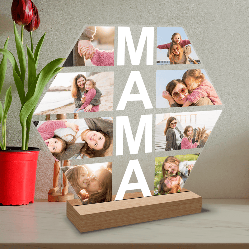 Sześciokąt kolaż 8 zdjęć MAMA - Druk na szkle, spersonalizowany prezent dla mamy - Adamell.pl