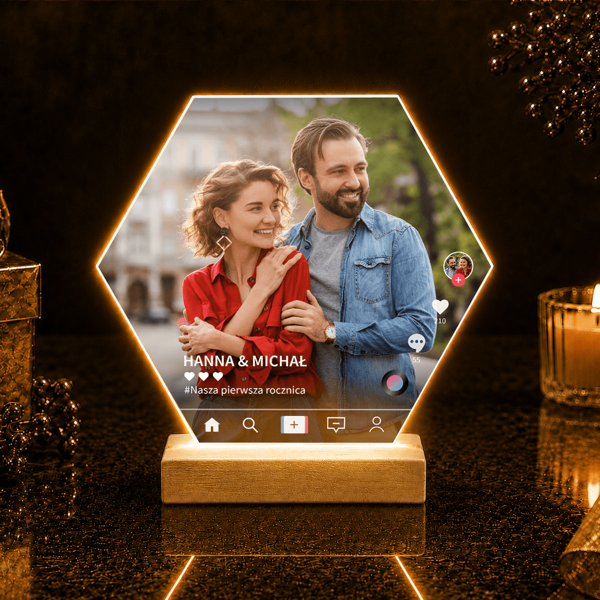 Sześciokątne zdjęcie pary Tik Tok - Druk na szkle, spersonalizowany prezent dla pary - Adamell.pl
