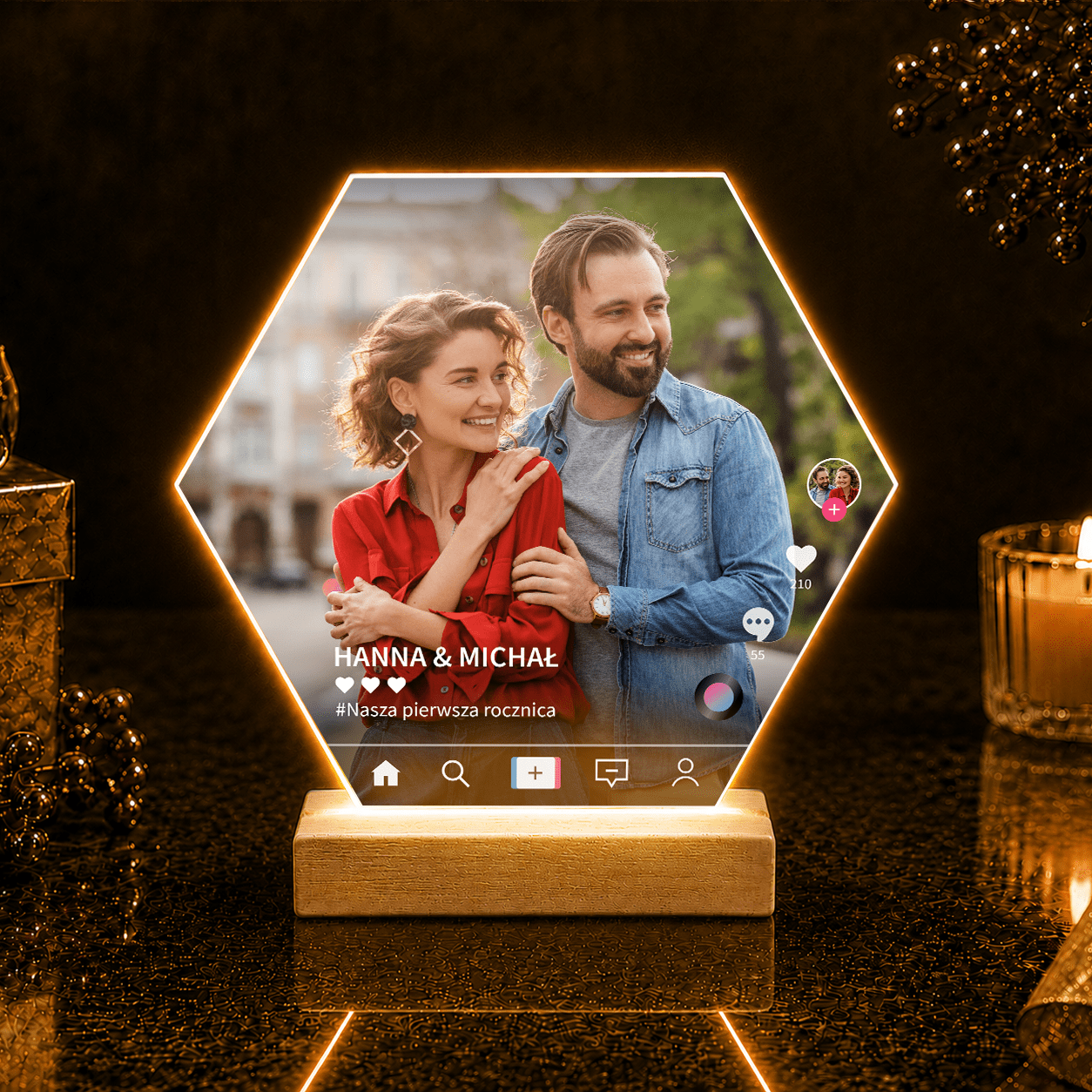 Sześciokątne zdjęcie pary Tik Tok - Druk na szkle, spersonalizowany prezent dla pary - Adamell.pl
