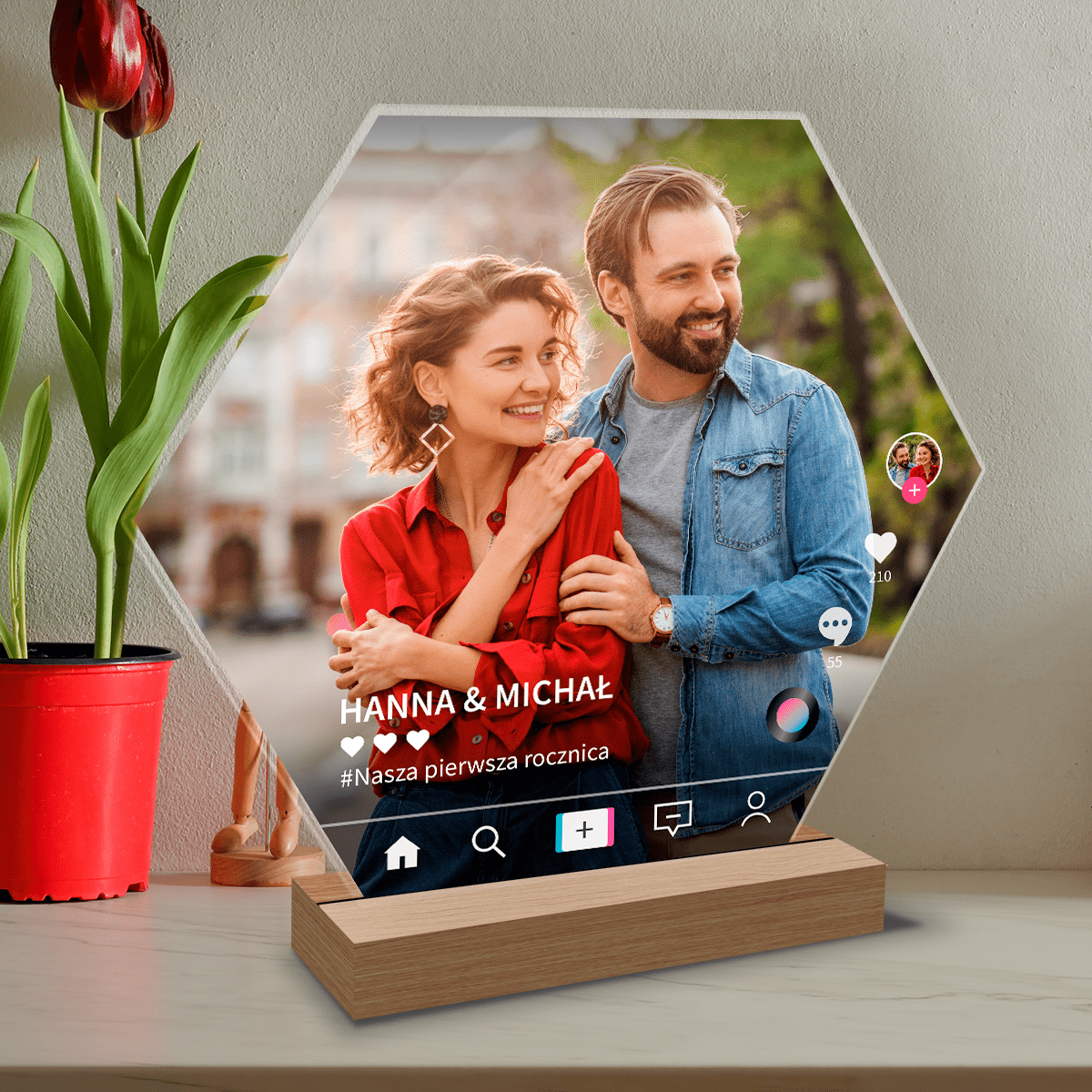 Sześciokątne zdjęcie pary Tik Tok - Druk na szkle, spersonalizowany prezent dla pary - Adamell.pl