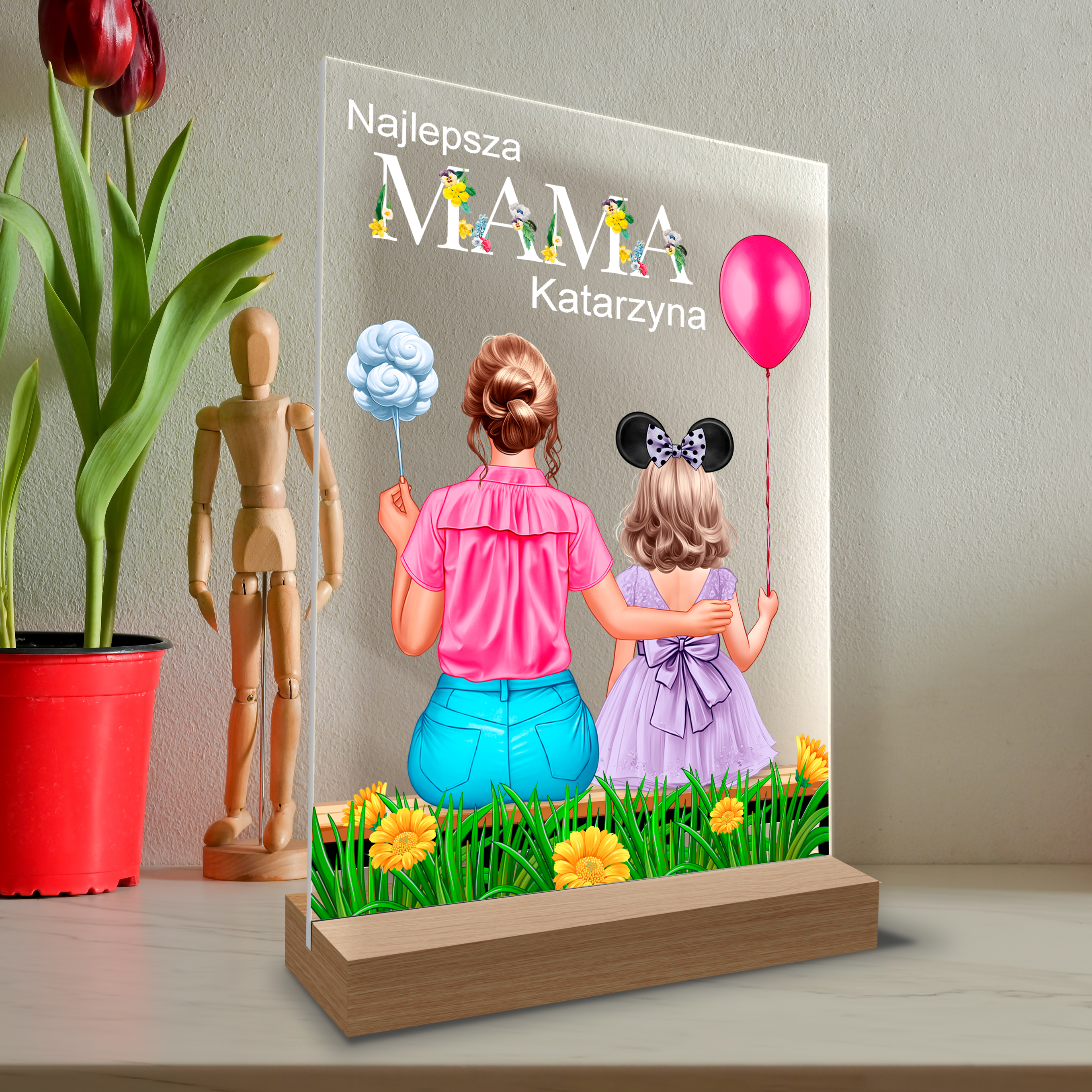 Mama z córką Clipart + tekst - Druk na szkle, spersonalizowany prezent dla mamy
