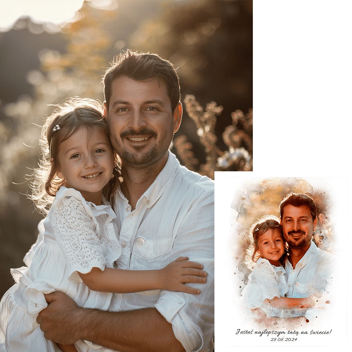 Tata i dziecko portret watercolour - plakat, spersonalizowany prezent dla taty - Adamell.pl