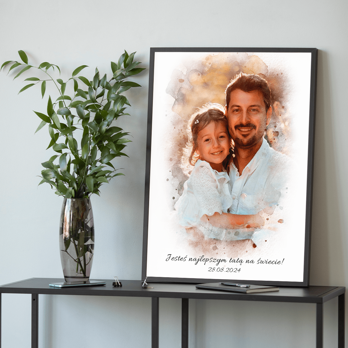 Tata i dziecko portret watercolour - plakat, spersonalizowany prezent dla taty - Adamell.pl