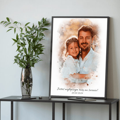 Tata i dziecko portret watercolour - plakat, spersonalizowany prezent dla taty - Adamell.pl