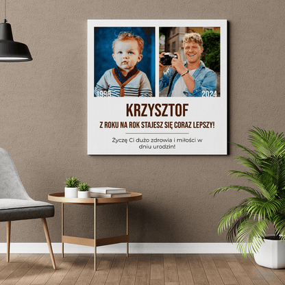 Urodzinowe zdjęcie kiedyś i dziś - druk na płótnie, spersonalizowany prezent na urodziny - Adamell.pl