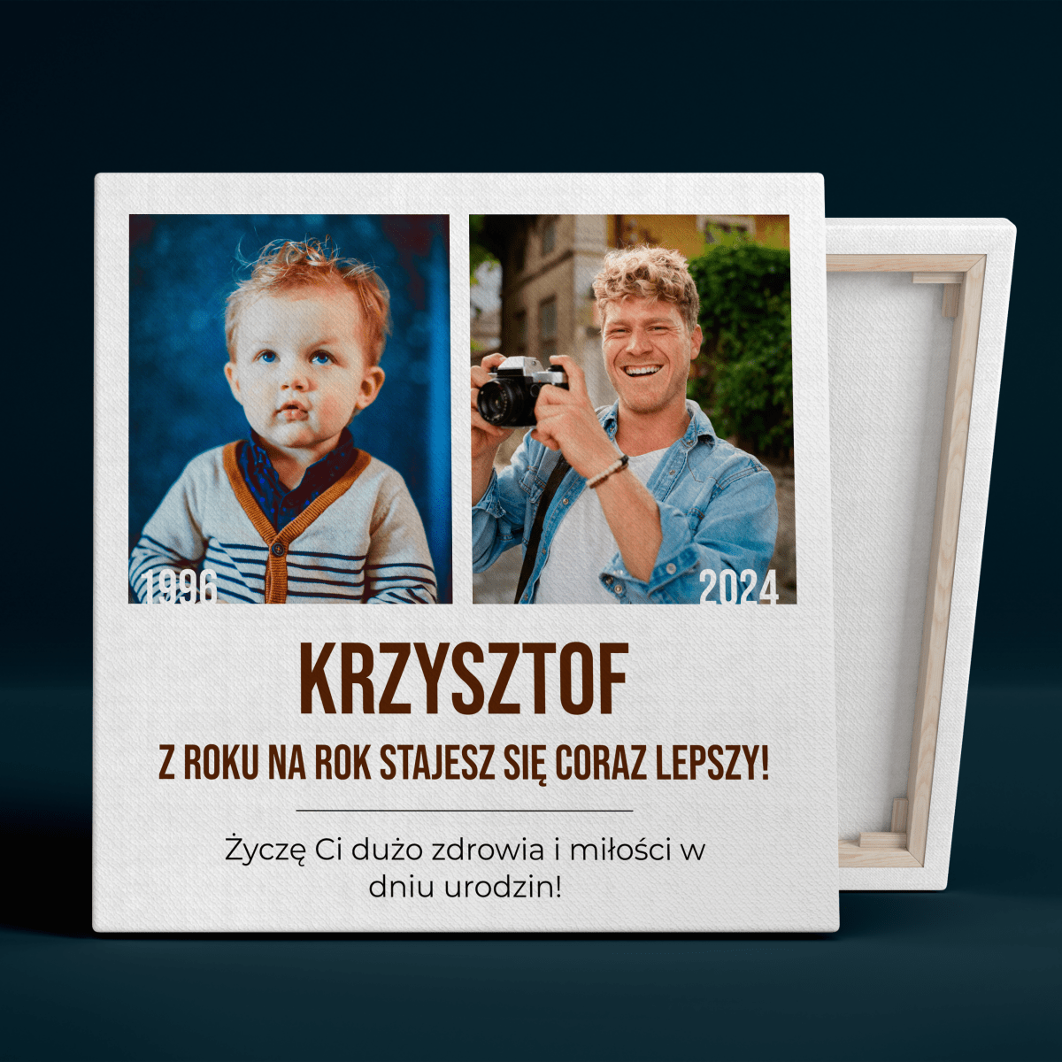 Urodzinowe zdjęcie kiedyś i dziś - druk na płótnie, spersonalizowany prezent na urodziny - Adamell.pl