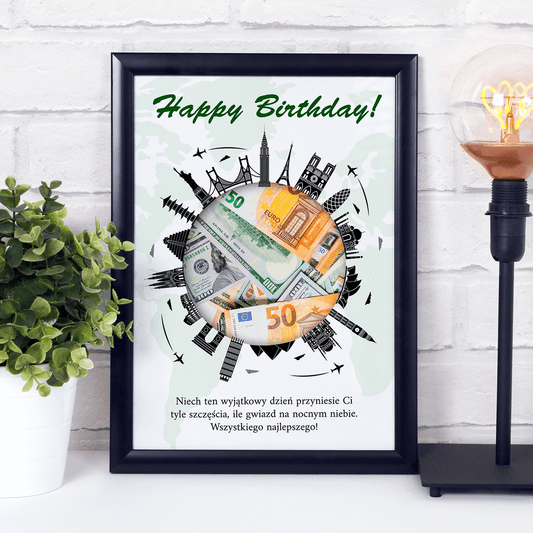 Urodziny podróżnika - Ramka na pieniądze, spersonalizowany prezent dla podróżnika - Adamell.pl