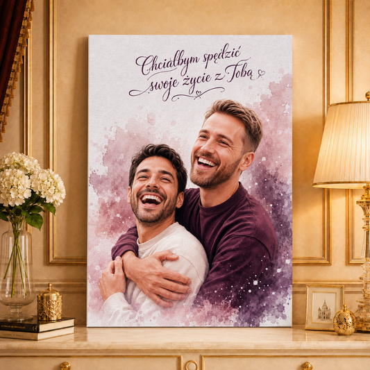 Portret akwarelami + napis - druk na płótnie, spersonalizowany prezent dla pary