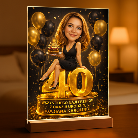 Personalizowana karykatura glamour na szkle akrylowym – Prezent na 40. urodziny