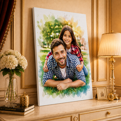 Portret z tatą w stylu akwareli - druk na płótnie, spersonalizowany prezent dla taty