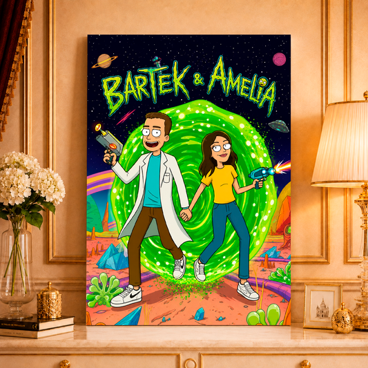 Ilustracja pary w stylu Rick & Morty - druk na płótnie, spersonalizowany prezent dla pary