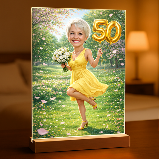 Personalizowany portret na 50. urodziny na szkle akrylowym – Styl bajkowy