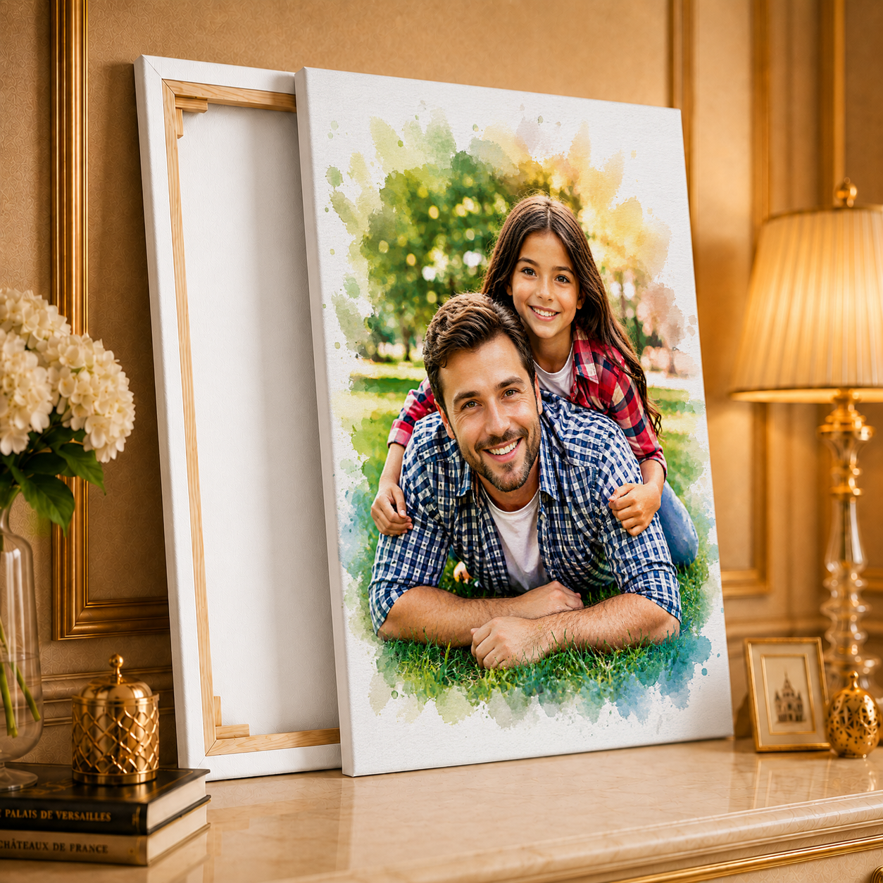 Portret z tatą w stylu akwareli - druk na płótnie, spersonalizowany prezent dla taty
