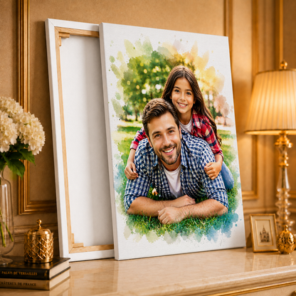 Portret z tatą w stylu akwareli - druk na płótnie, spersonalizowany prezent dla taty