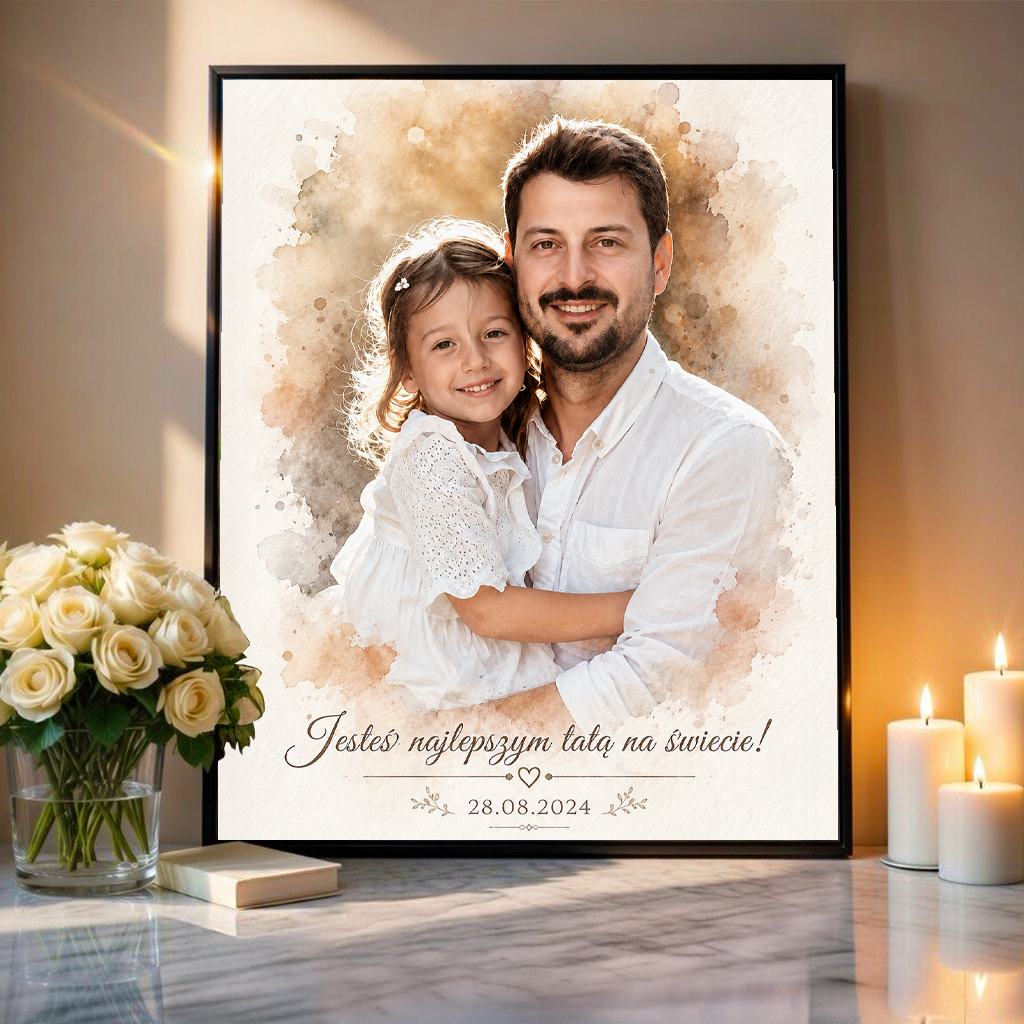 Tata i dziecko portret watercolour - plakat, spersonalizowany prezent dla taty