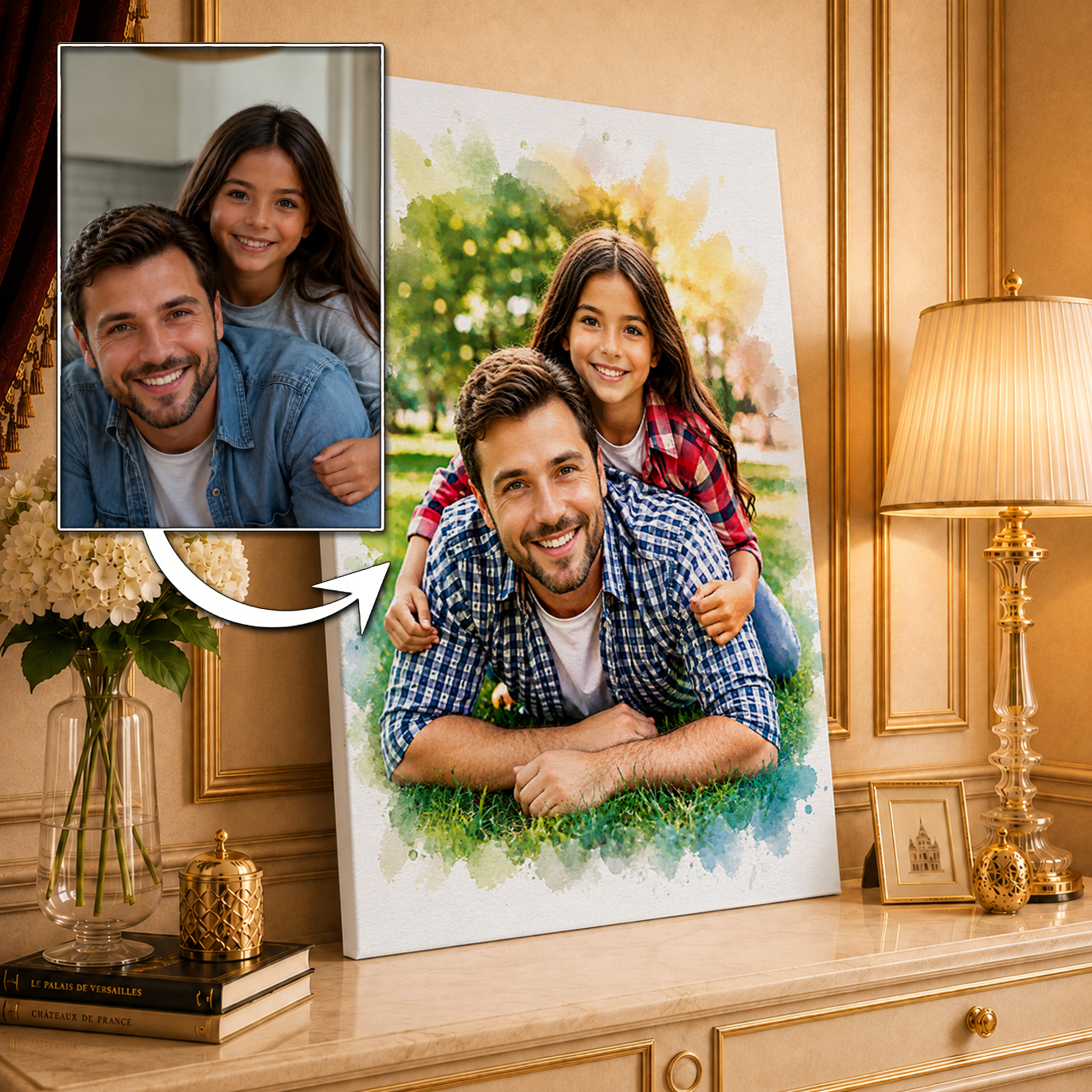 Portret z tatą w stylu akwareli - druk na płótnie, spersonalizowany prezent dla taty