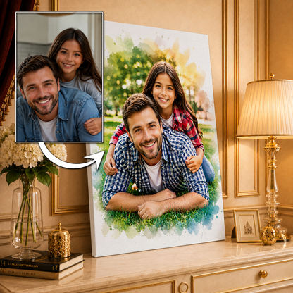 Portret z tatą w stylu akwareli - druk na płótnie, spersonalizowany prezent dla taty