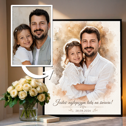 Tata i dziecko portret watercolour - plakat, spersonalizowany prezent dla taty