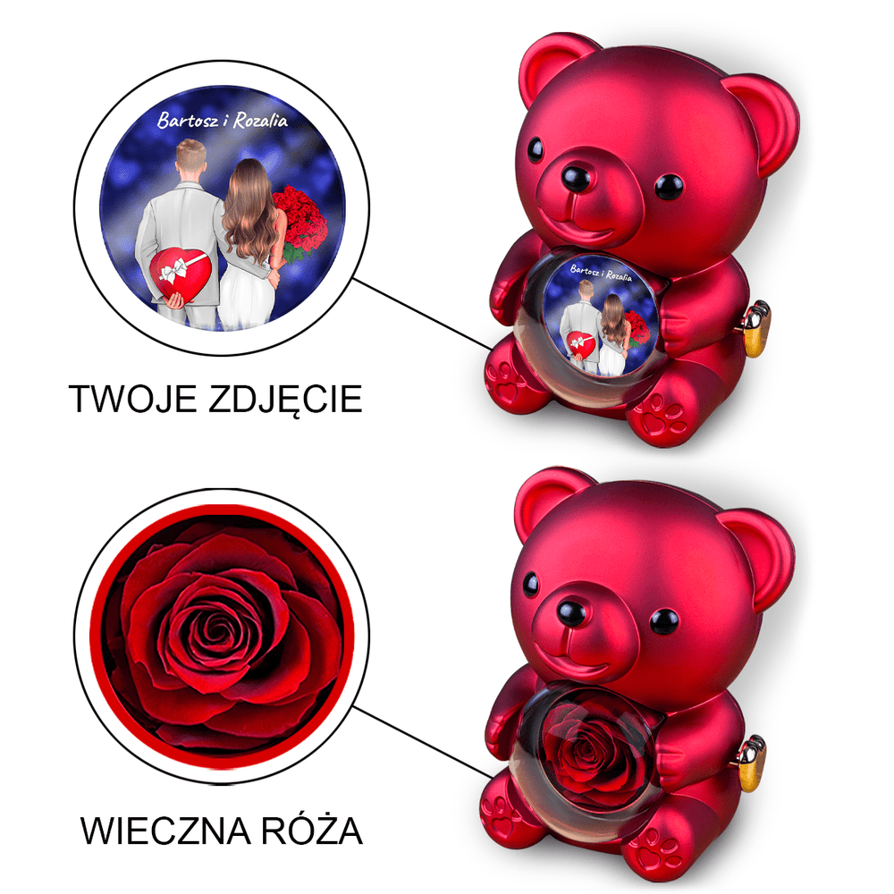 Walentynkowy Clipart + imiona - Miś z różą wieczną i wydrukiem, spersonalizowany prezent dla pary - Adamell.pl