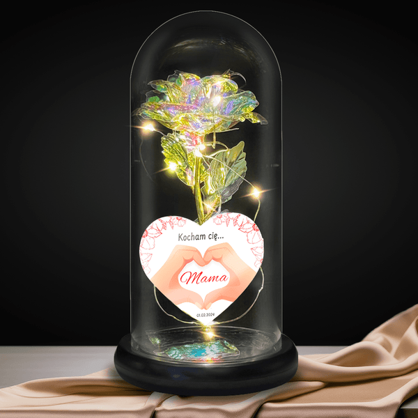 Wieczna róża kryształowa LED w szkle + spersonalizowane serce DŁONIE - Adamell.pl