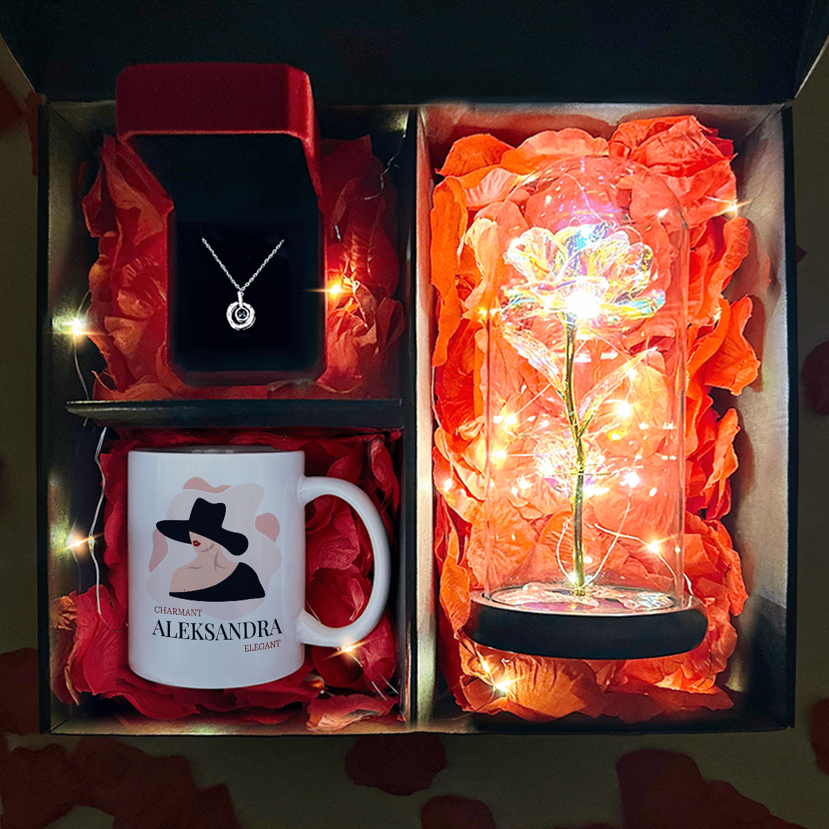 Wieczna róża + kubek z nadrukiem CZARUJĄCA + wisiorek box 3 w 1 - zestaw prezentowy, spersonalizowany prezent dla niej - Adamell.pl