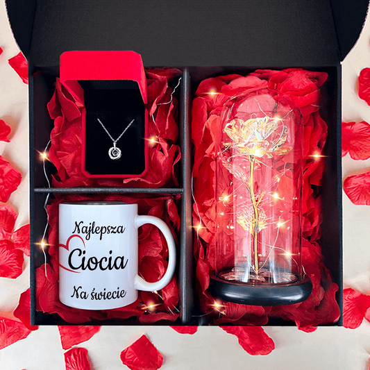 Wieczna róża + kubek z nadrukiem DLA CIOCI + wisiorek box 3 w 1 - zestaw prezentowy, spersonalizowany prezent dla cioci - Adamell.pl