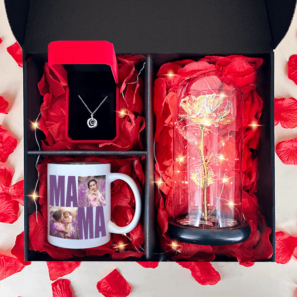 Wieczna róża + kubek z nadrukiem MOJA MAMA + wisiorek box 3 w 1 - zestaw prezentowy, spersonalizowany prezent dla mamy - Adamell.pl