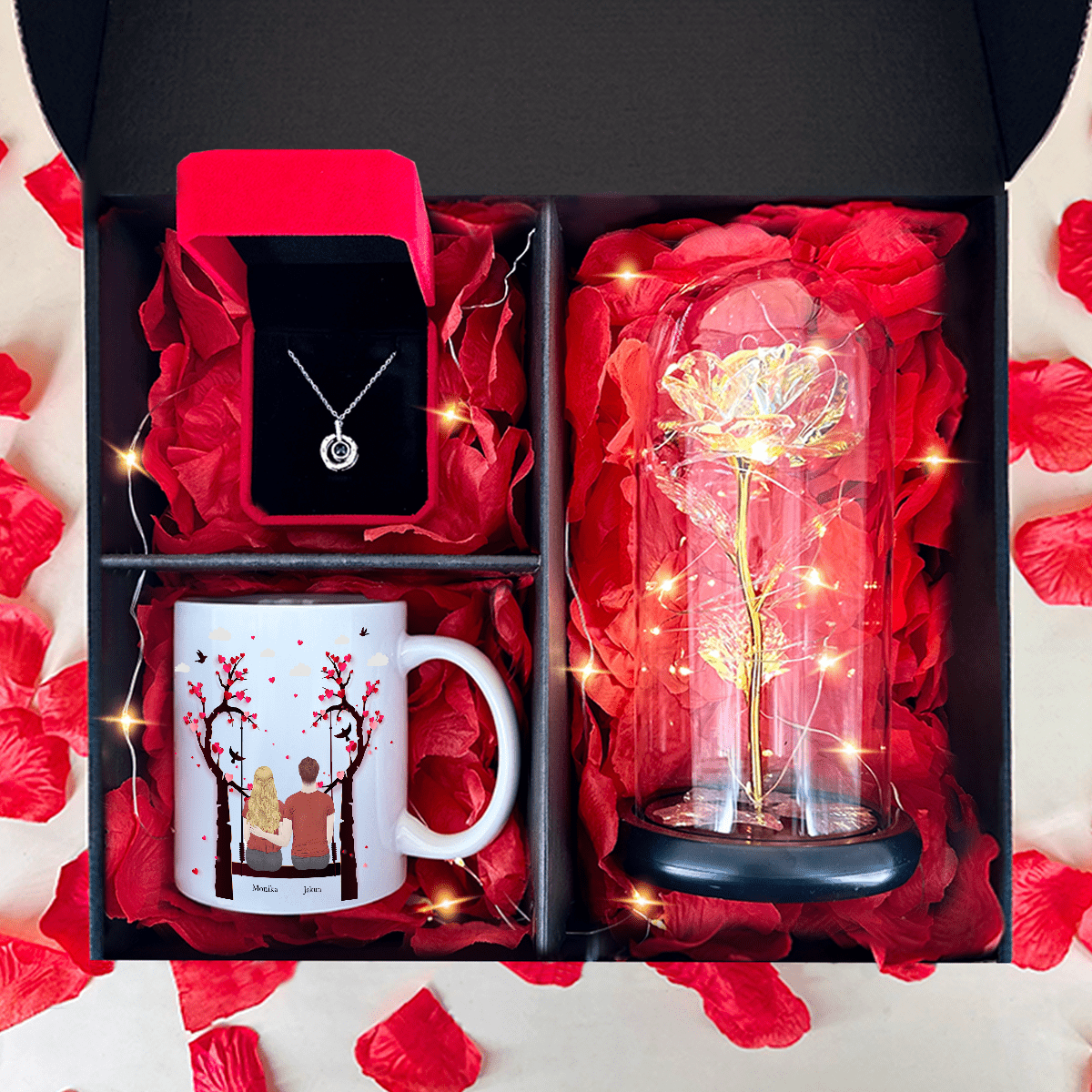 Wieczna róża + kubek z nadrukiem PARA + wisiorek box 3 w 1 - zestaw prezentowy, spersonalizowany prezent dla niej - Adamell.pl