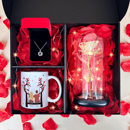 Wieczna róża + kubek z nadrukiem PARA + wisiorek box 3 w 1 - zestaw prezentowy, spersonalizowany prezent dla niej - Adamell.pl