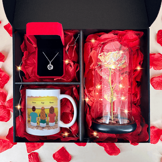 Wieczna róża + kubek z nadrukiem SIOSTRY + wisiorek box 3 w 1 - zestaw prezentowy, spersonalizowany prezent dla siostry - Adamell.pl