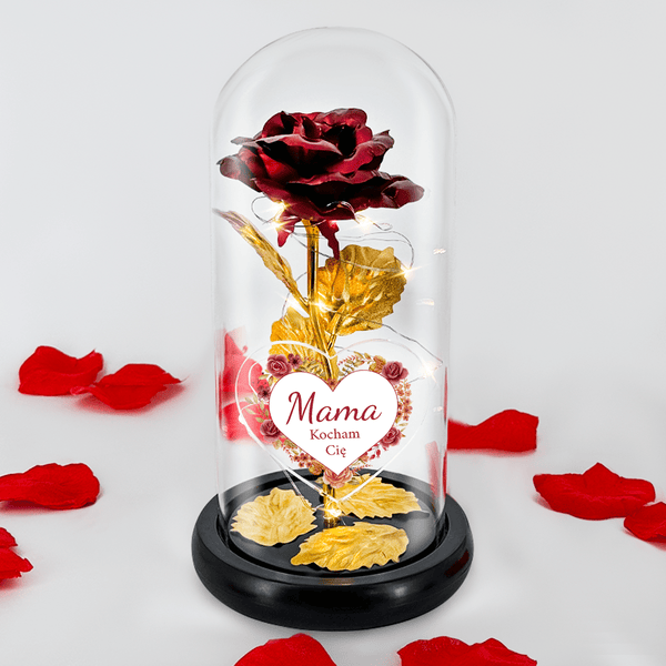 Wieczna róża w szkle LED + spersonalizowane serce KOCHAM CIĘ - Adamell.pl