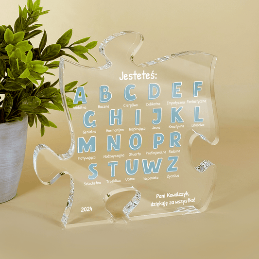 Zalety z alfabetem - Druk na szkle - puzzel, spersonalizowany prezent dla nauczyciela - Adamell.pl