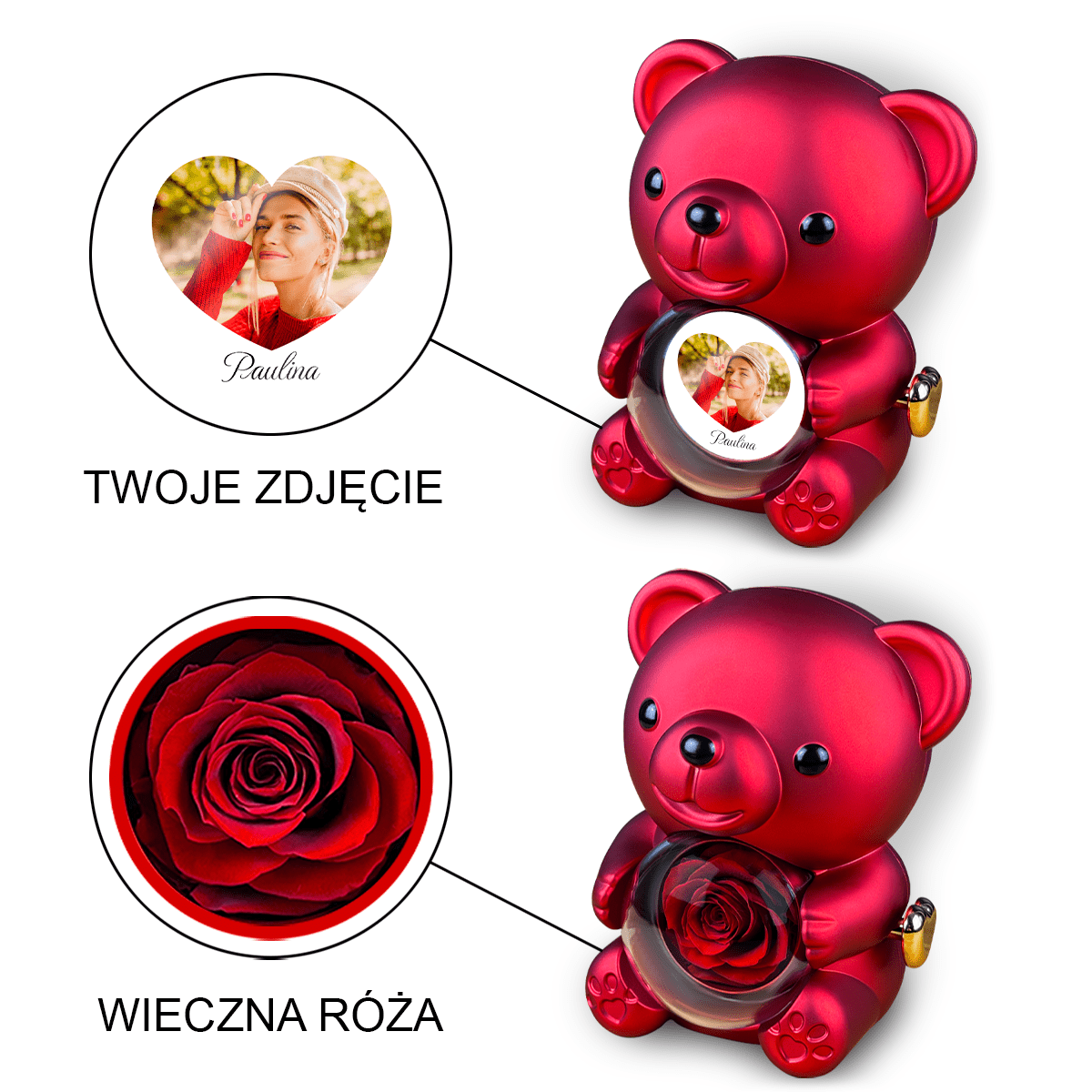 Zdjęcie dziewczyny + jej imię - Miś z różą wieczną i wydrukiem, spersonalizowany prezent dla niej - Adamell.pl