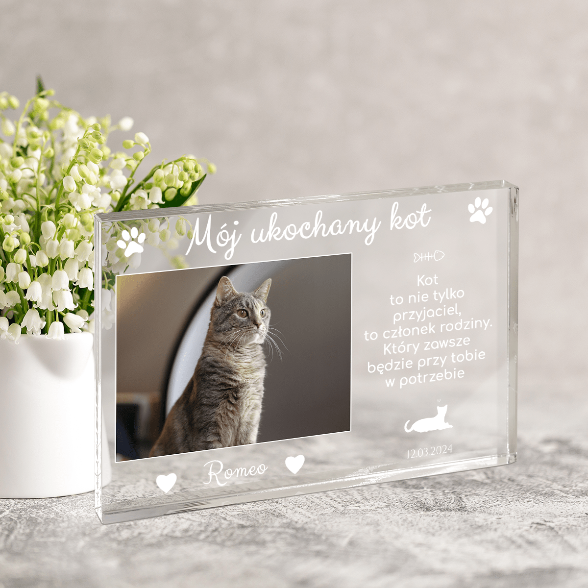 Zdjęcie kota + tekst - Druk na szkle, spersonalizowany prezent - Adamell.pl