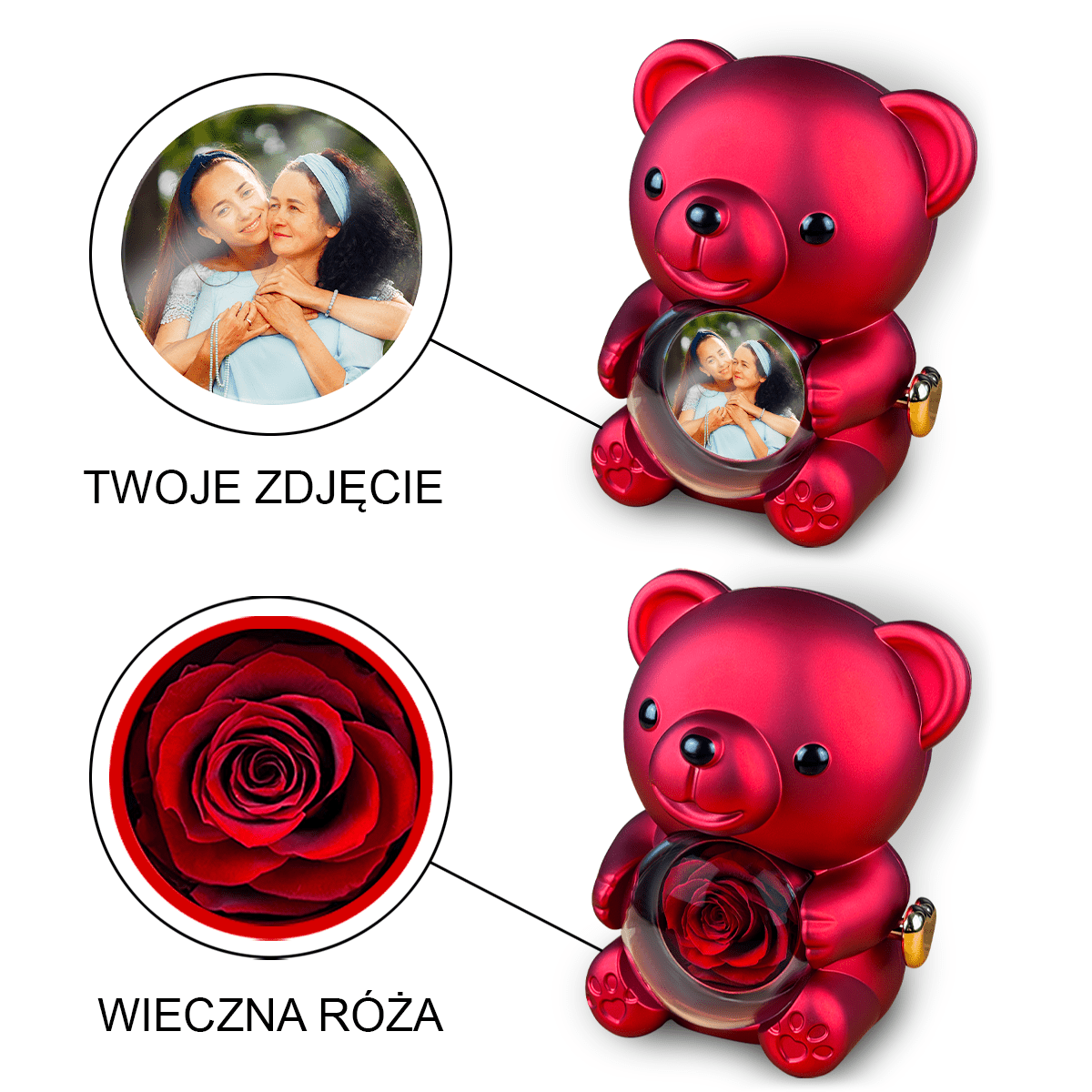 Zdjęcie z mamą - Miś z różą wieczną i wydrukiem, spersonalizowany prezent dla mamy - Adamell.pl
