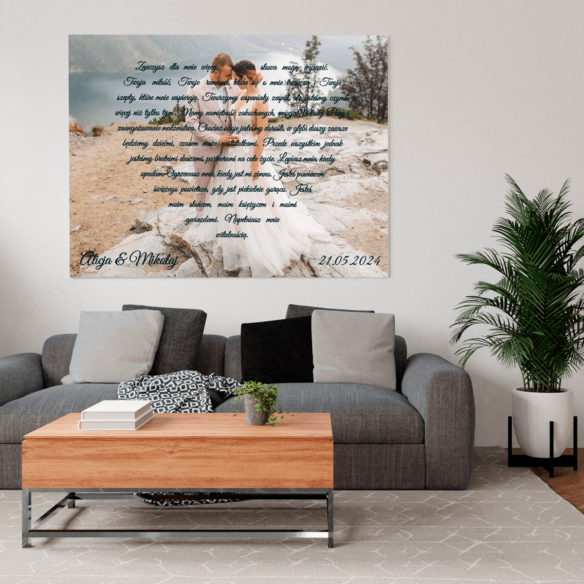 Zdjęcie z tekstem w serce - druk na płótnie, spersonalizowany prezent dla pary - Adamell.pl