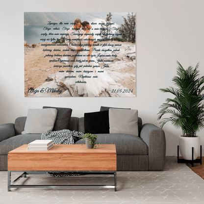 Zdjęcie z tekstem w serce - druk na płótnie, spersonalizowany prezent dla pary - Adamell.pl