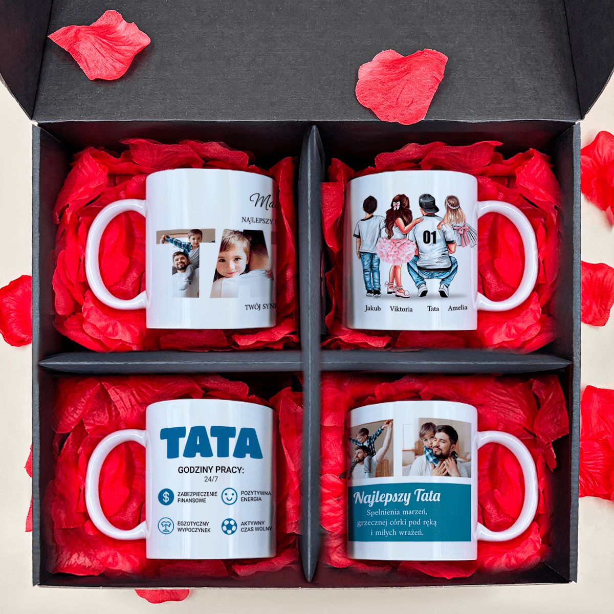 Zestaw TATA - 4 x kubek z nadrukiem, spersonalizowany prezent dla taty - Adamell.pl
