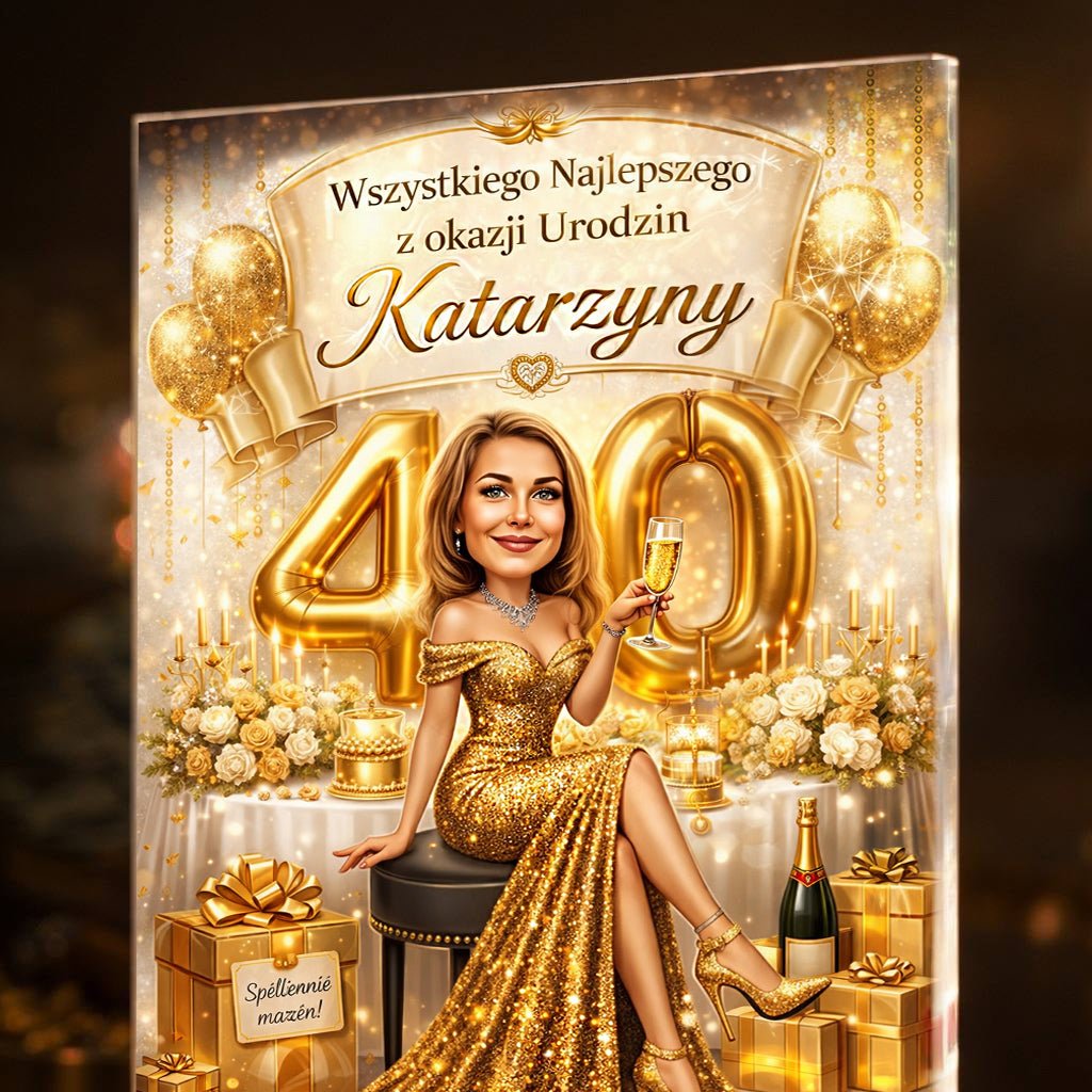 Złota stylizacja glamour na szkle akrylowym – Prezent na 40. urodziny - Adamell.pl
